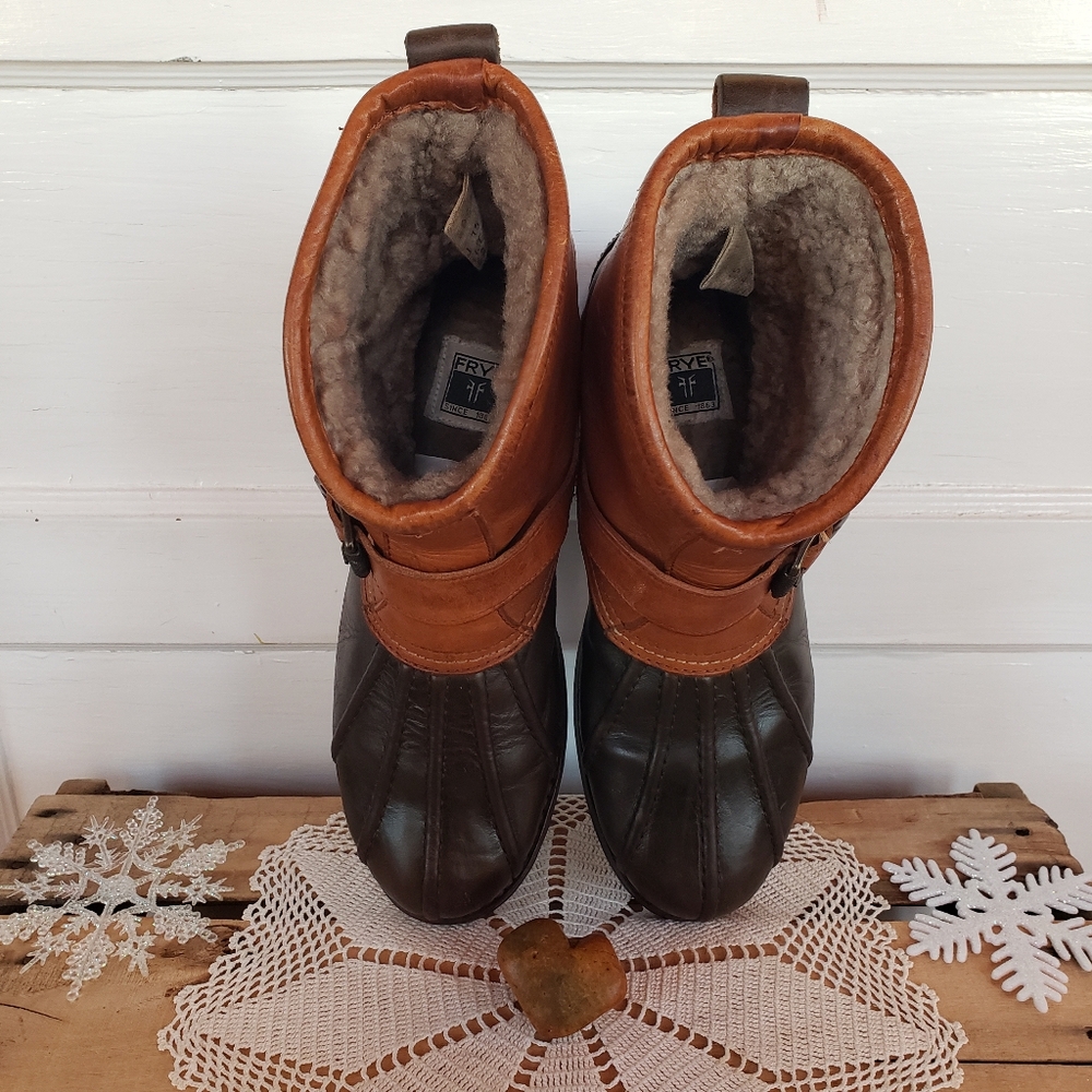 Olive Green Frye Shearling Fur Veronica Leather Duck Bootie Moto Engineer Boho🌿 - Picture 7 of 10